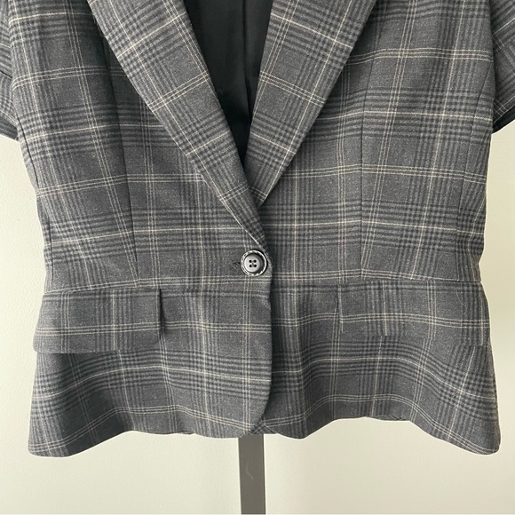 Y2K Vintage Wool Blend Short Sleeve Blazer Grey Plaid Size 8 Medium - Picture 4 of 7